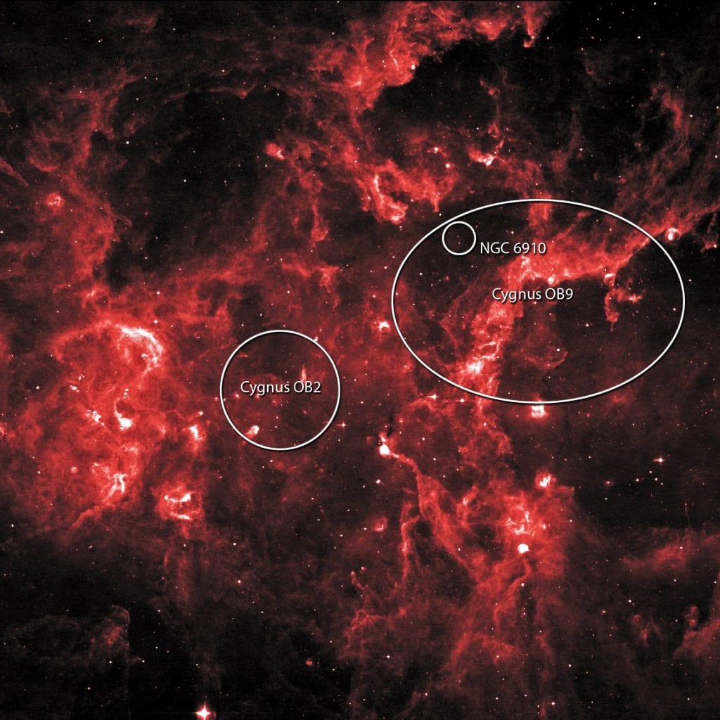 This NASA image shows the OB2 and NGC 6910 star clusters. Credit: NASA/IPAC/MSX