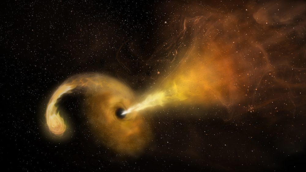 Scientists recorded the first case of a moving supermassive black hole in history. On the image above, you see an artist's impression of a star passing through a black hole. Credit: Sophia Dagnello, NRAO/AUI/NSF; NASA, STScI