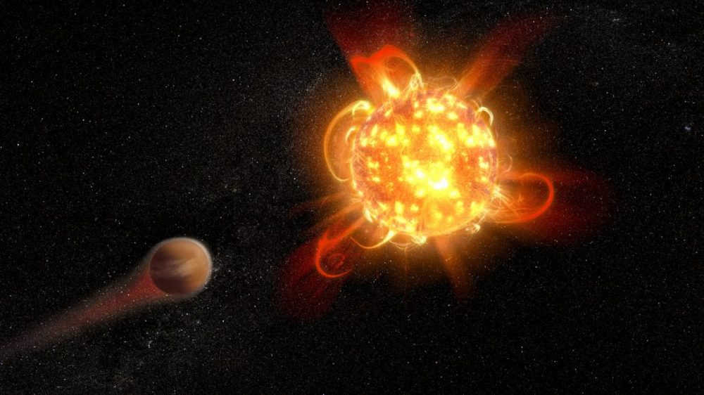 An artistic representation of the destruction of an exoplanet's atmosphere by flares of a red dwarf. Credit: NASA, ESA, and D. Player (STScI)