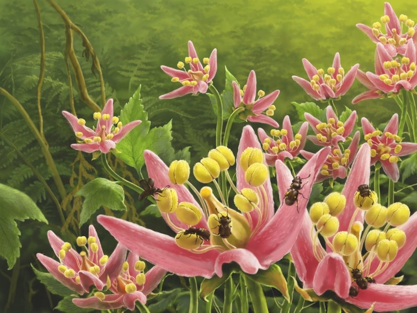 Ecological reconstruction presenting Pelretes vivificus on flowers. Credit: Jie Sun