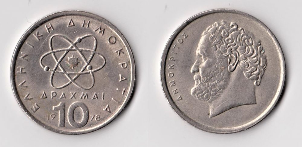 The Greek 10 Drachmas coin from 1978 with image of Democritus and an atom. Credit: Reddit
