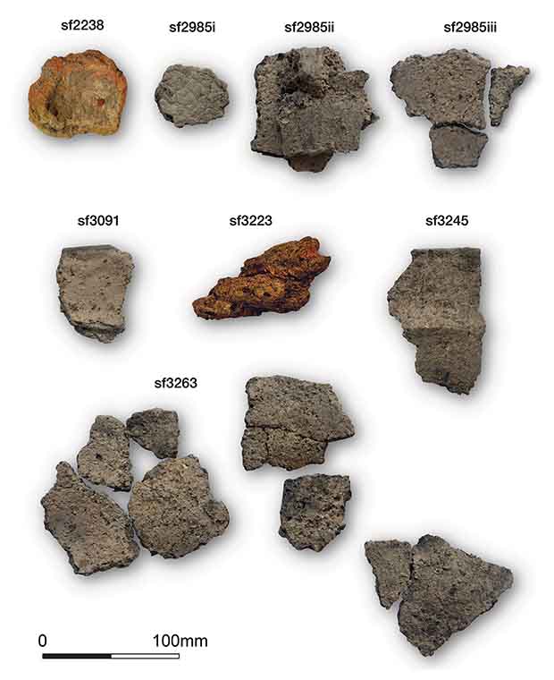 Samples of fragments of ceramic vessels from the Neolithic British salt mine. Credit: Stephen J. Sherlock / Antiquity, 2021