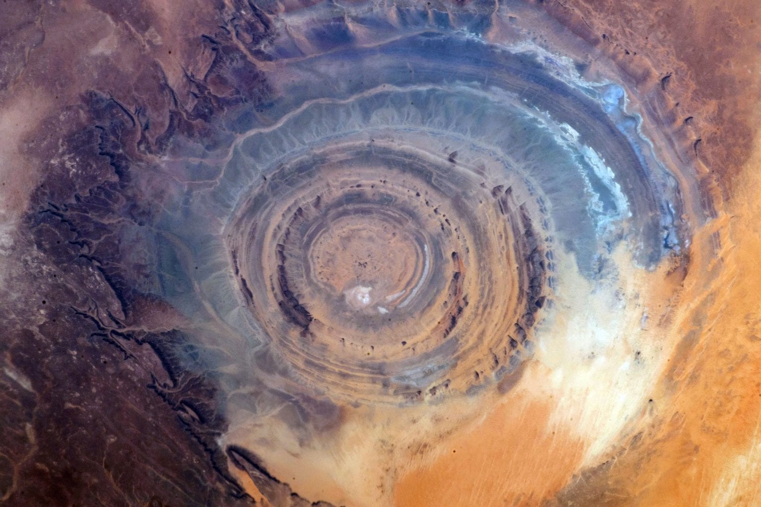 Another fascinating shot of the Eye of Sahara from space. Credit: NASA/JPL-Caltech 