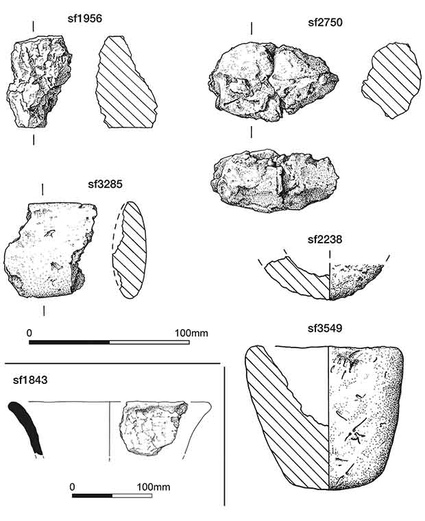 Fragments of lining of foci and ceramic vessels. Credit: Stephen J. Sherlock / Antiquity, 2021