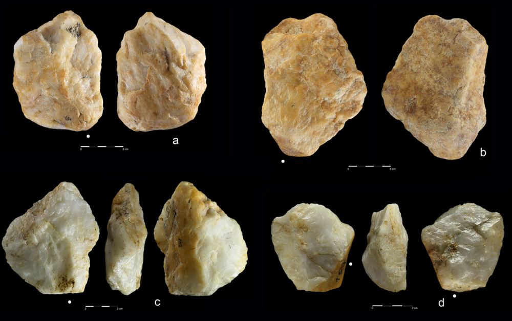 Archaeologists unearthed hundred of ancient tools in an abandoned Saharan mine dated to about 700,000 years ago. On the image, you see Cortex flakes (a,b,c) and a Dosrally plain flake (d). Credit: Miroslaw Masojc