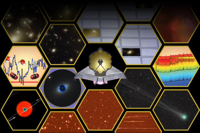 Artist's illustration depicting the variety of capabilities that the future James Webb Space Telescope will have. Its most significant task will be the search of alien life in any of the thousands of exoplanet targets. Sources:NASA, ESA, and A. Feild (STScI)