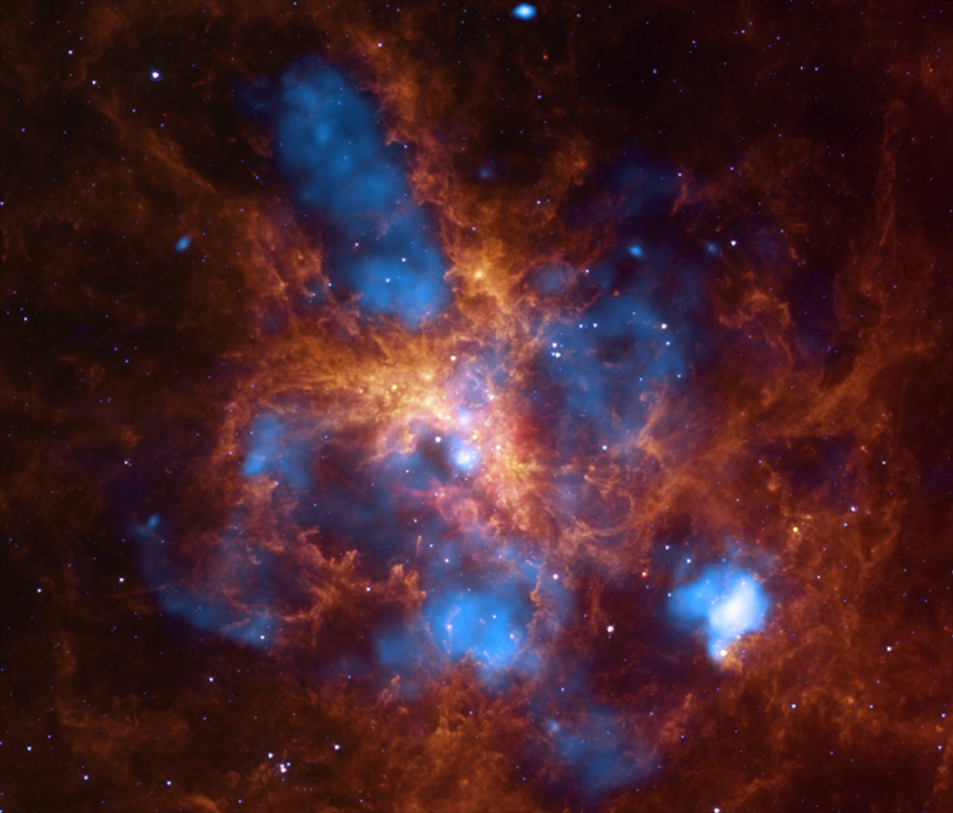 Composite image of the Tarantula Nebula, an active star-forming region close to the Milky Way. Credit: X-ray: NASA/CXC/PSU/L.Townsley et al.; Infrared: NASA/JPL/PSU/L.Townsley et al.