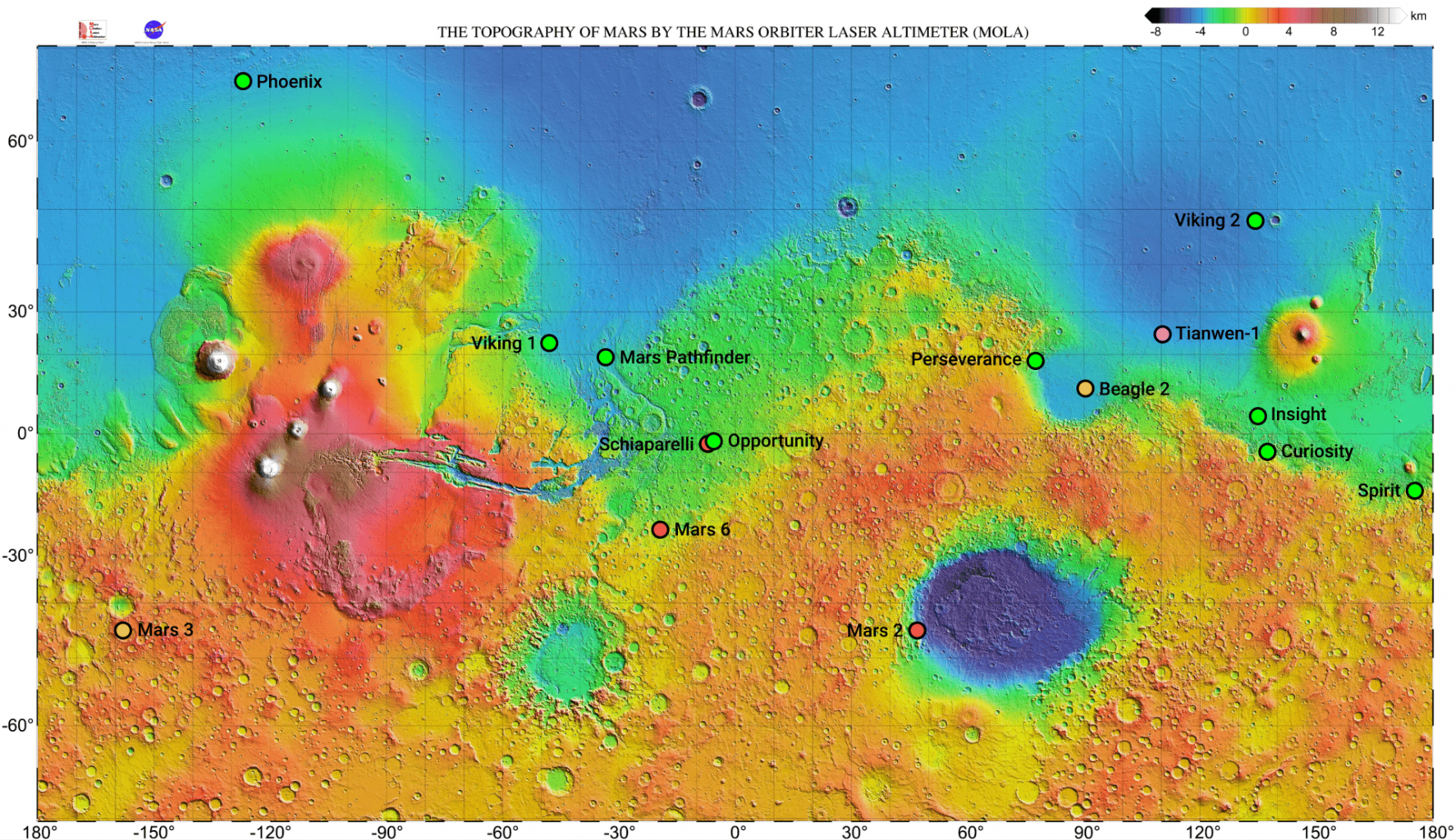 Previous missions to the Red Planet. You can see that China's Mars mission was sent to a location that has already been studied by several NASA missions in the past. Credit: Wikimedia Commons
