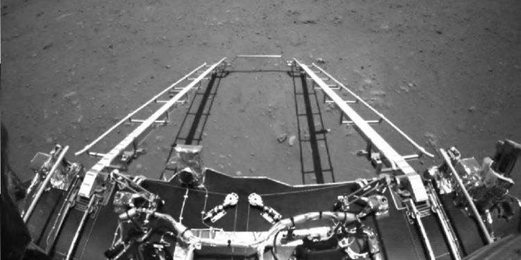 Part of the black and white image of Mars taken by China's Zhurong rover. Credit: CNSA / PEC