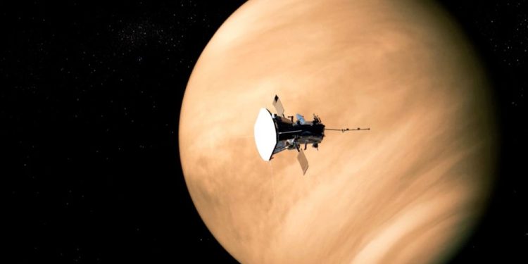 Artist's impression of the Parker Solar Probe during a flyby near Venus. During their last encounter, the probe detected strange radio emissions from Venus that suggest it entered the atmosphere. Credit: The Franklin Institute / NASA