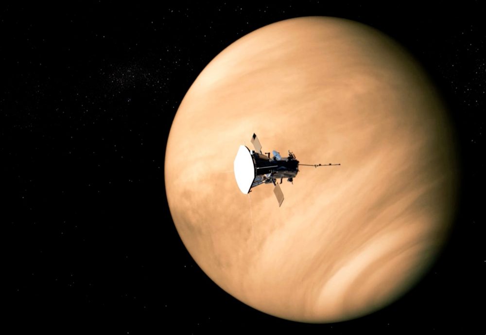 Artist's impression of the Parker Solar Probe during a flyby near Venus. During their last encounter, the probe detected strange radio emissions from Venus that suggest it entered the atmosphere. Credit: The Franklin Institute / NASA