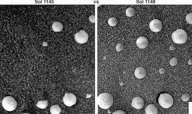 You can see images of the same spot on the Martian surface three days apart and how more spheres have appeared during this period. Scientists claim that this is evidence for growing fungus on Mars. Credit: Rhawn Gabriel Joseph