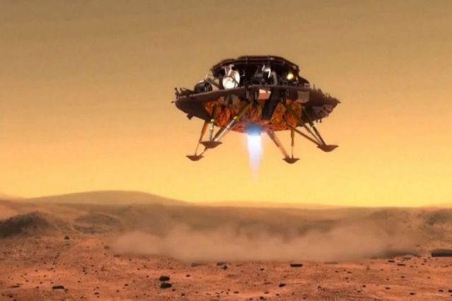 Artist's impression of China's Tianwen-1 landing on Mars. Unfortunately, there has not been any footage released as of this moment. Credit: CCTV/CNSA