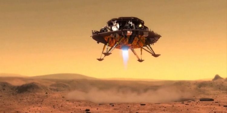 Artist's impression of China's Tianwen-1 landing on Mars. Unfortunately, there has not been any footage released as of this moment. Credit: CCTV/CNSA