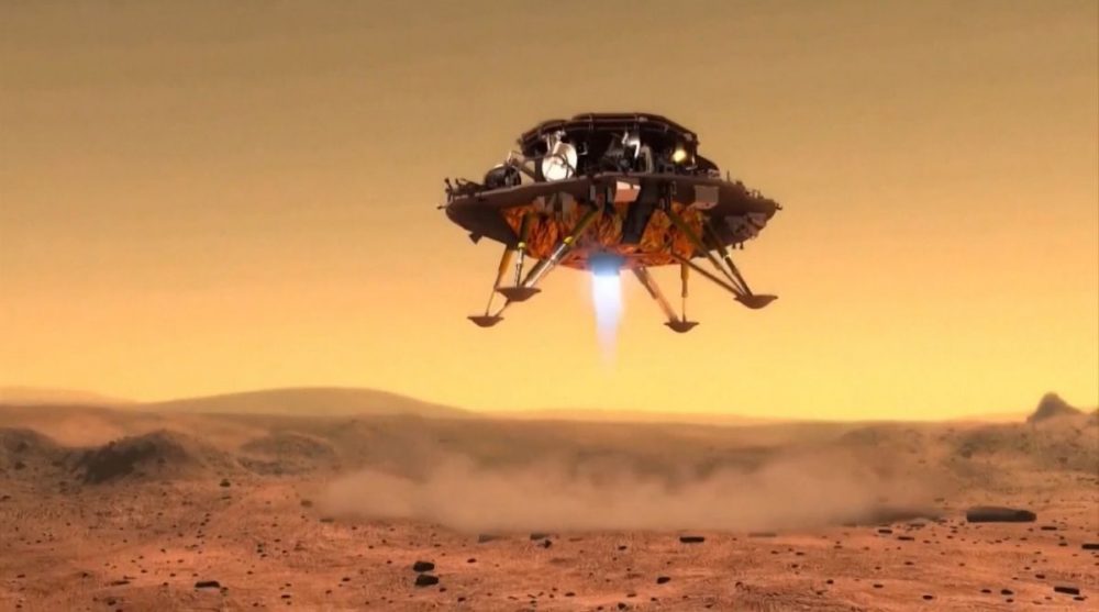 Artist's impression of China's Tianwen-1 landing on Mars. Unfortunately, there has not been any footage released as of this moment. Credit: CCTV/CNSA
