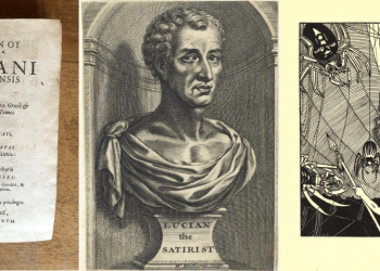 Title page of a 1619 translation of Lucian's works, a speculative portrayal of Lucian of Samosata from the 17th century, and a 1984 illustration of a space battle sceen from one of his works. Credit: Wikimedia Commons / Public Domain