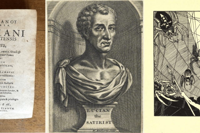 Title page of a 1619 translation of Lucian's works, a speculative portrayal of Lucian of Samosata from the 17th century, and a 1984 illustration of a space battle sceen from one of his works. Credit: Wikimedia Commons / Public Domain