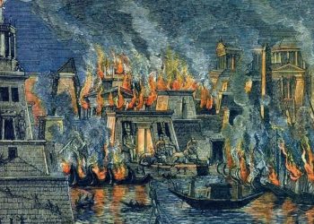 The burning of the Great Library of Alexandria, woodcuts by Hermann Göll, 1876. Credit: Wikimedia Commons
