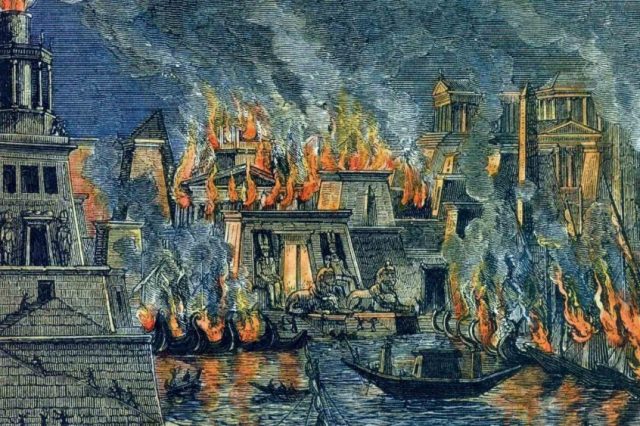 The burning of the Great Library of Alexandria, woodcuts by Hermann Göll, 1876. Credit: Wikimedia Commons
