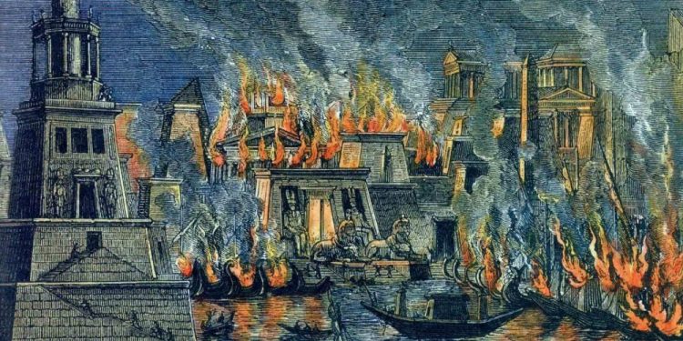 The burning of the Great Library of Alexandria, woodcuts by Hermann Göll, 1876. Credit: Wikimedia Commons