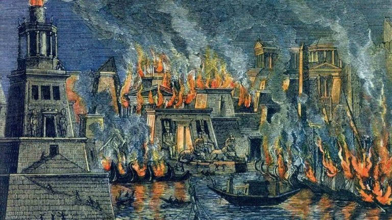 The burning of the Great Library of Alexandria, woodcuts by Hermann Göll, 1876. Credit: Wikimedia Commons