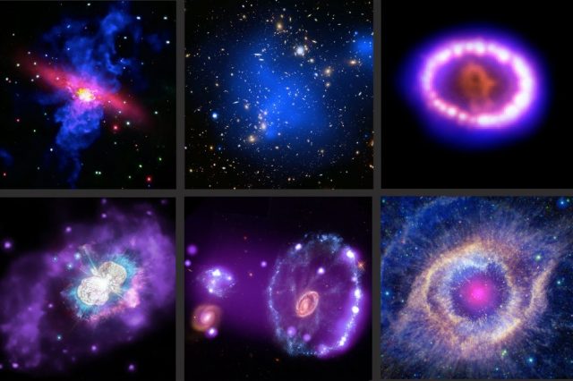 Montage of six composite images made with data from Chandra as well as other observatories. Credit: X-ray: NASA/CXC; Optical: NASA/STScI