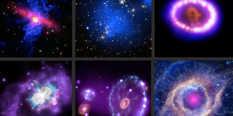 Montage of six composite images made with data from Chandra as well as other observatories. Credit: X-ray: NASA/CXC; Optical: NASA/STScI