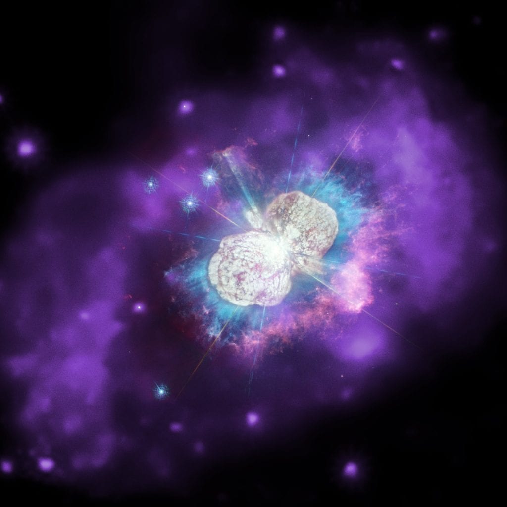 Star system Eta Carinae in the Milky Way, possibly containing the next star in our galaxy to explode into a supernova. This is a composite image with optical and ultraviolet data from Hubble, and X-Rays from Chandra. Credit: X-ray: NASA/CXC; Ultraviolet/Optical: NASA/STScI; Combined Image: NASA/ESA/N. Smith (University of Arizona), J. Morse (BoldlyGo Institute) and A. Pagan