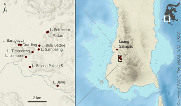 The karst caves with some of the oldest examples of cave art that were studied. Credit: Huntley et al. / Nature, 2021