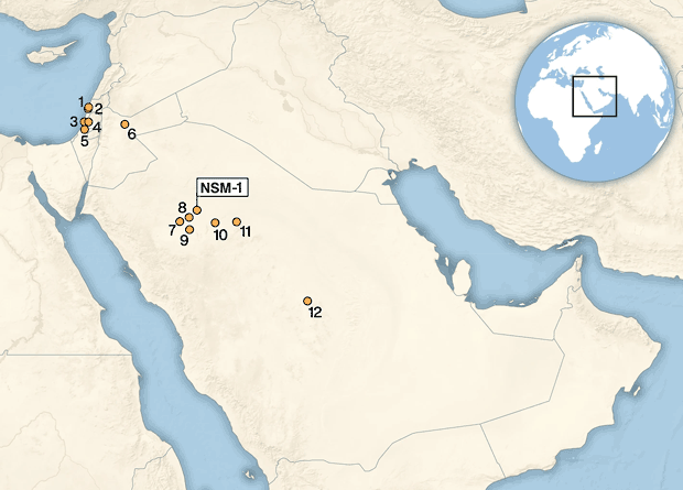 Map of Arabia with key Levantine and Arabian sites, including that of An Nasim (NSM-1). Credit: Scerri et al. / Nature Scientific Report, 2021