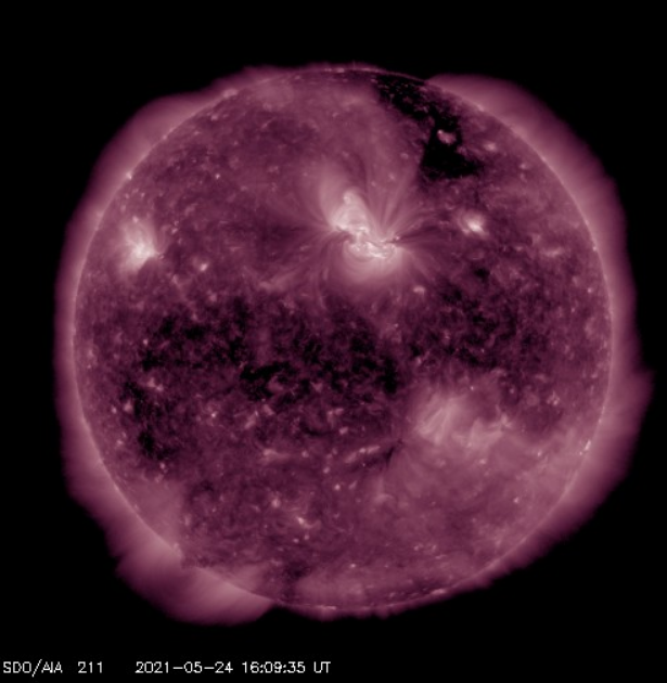 Image of the Sun taken by SDO on 24 May during the surge of solar activity. The spot AR2824 is visible above the center of the solar disk, and AR2825 is on the right. Credit: NASA