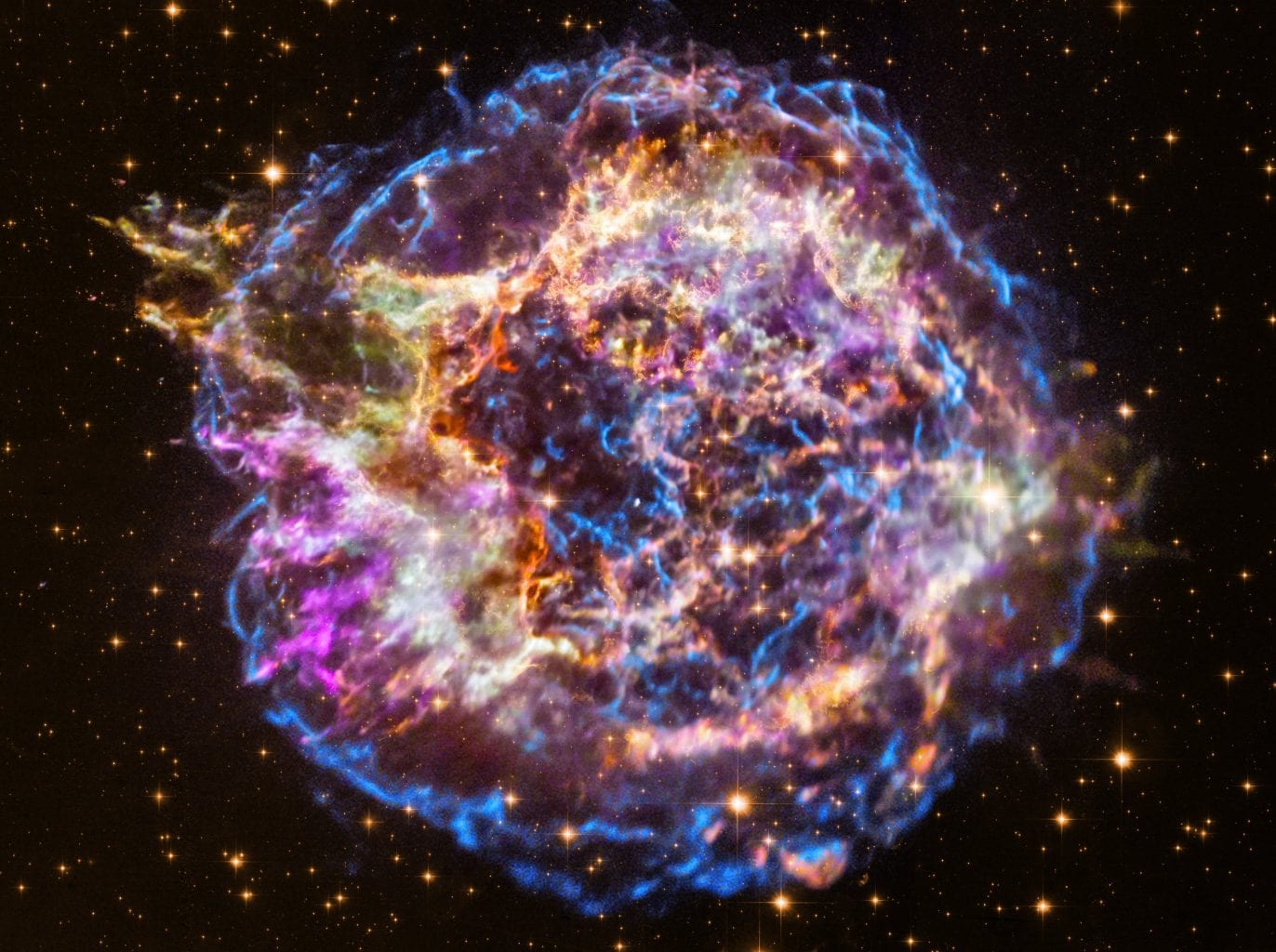 Supernova remnant Cassiopeia A has been studied by Chandra for decades and has provided incredibe data about this object. Credit: X-ray: NASA/CXC/RIKEN/T. Sato et al.; Optical: NASA/STScI