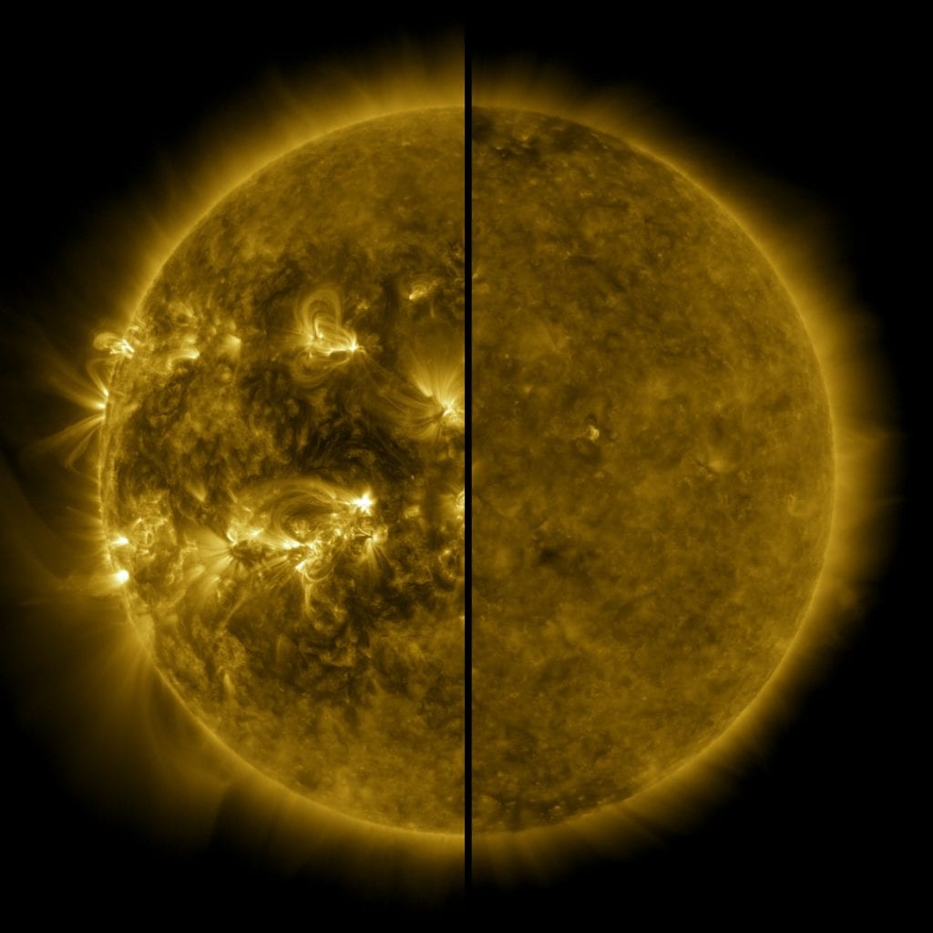 The sun is at its maximum in April 2014 (left) and at its minimum in December 2019. Credit: NASA / SDO