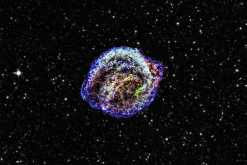 Remnant of Kepler's supernova, which the famous astronomer discovered in 1604. This is a composite image from optical and X-ray data. Credit: X-ray: NASA/CXC/NCSU/M.Burkey et al; Optical: DSS