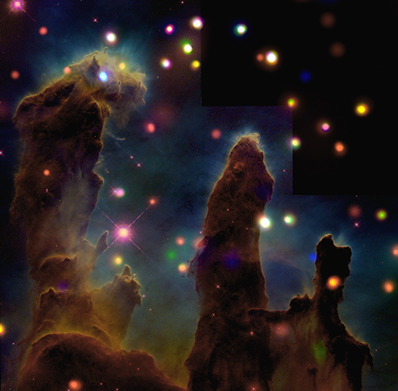 Image of the famous "Pillars of Creation" made with the help of Chandra. Credit: X-ray: NASA/CXC/U.Colorado/Linsky et al.; Optical: NASA/ESA/STScI/ASU/J.Hester & P.Scowen.