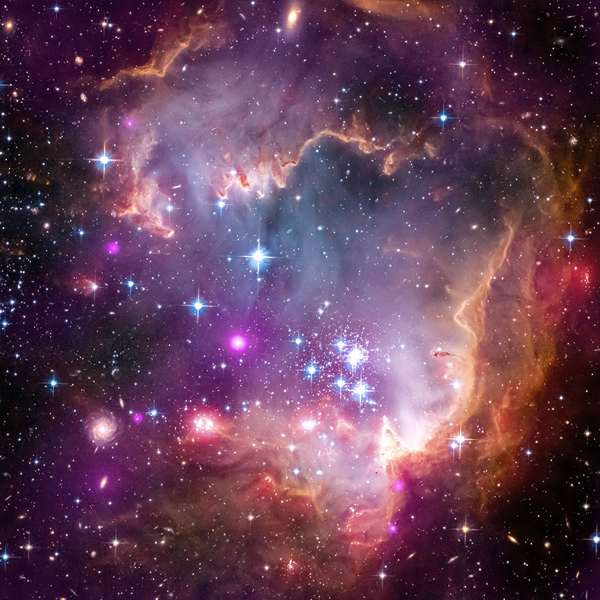 Composite image of a region of the Small Magellanic Cloud called NGC 602 made with X-Ray data from Chandra. Credit: X-ray: NASA/CXC/Univ.Potsdam/L.Oskinova et al; Optical: NASA/STScI; Infrared: NASA/JPL-Caltech