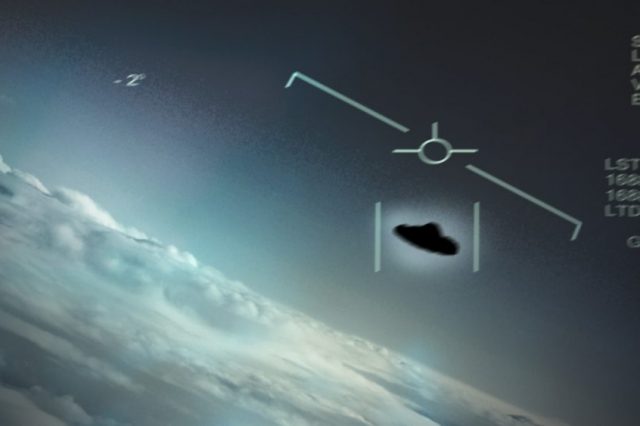 The USS Nimitz UFO that reportedly hovered over an underwater disturbance in the ocean. Some believe that there was either another mysterious object or an underwater base where UFOs come from. Credit: US Navy