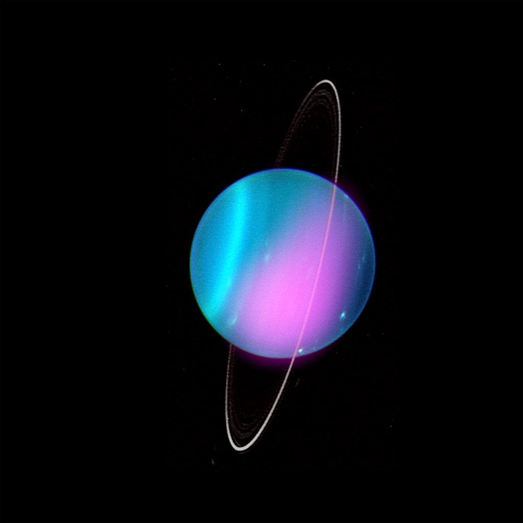 Earlier this year, astronomers using the Chandra X-Ray Observatory showed this image of Uranus after they detected X-Rays for the first time. The image above includes an X-Ray image by Chandra (in pink) over an optical image from the Keck-I Telescope. Credit: X-ray: NASA/CXO/University College London/W. Dunn et al; Optical: W.M. Keck Observatory