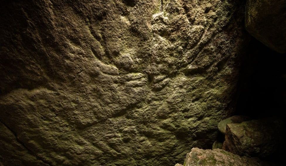 The head of the deer and its antlers are visible in this ancient rock painting. Credit: Historic Environment Scotland
