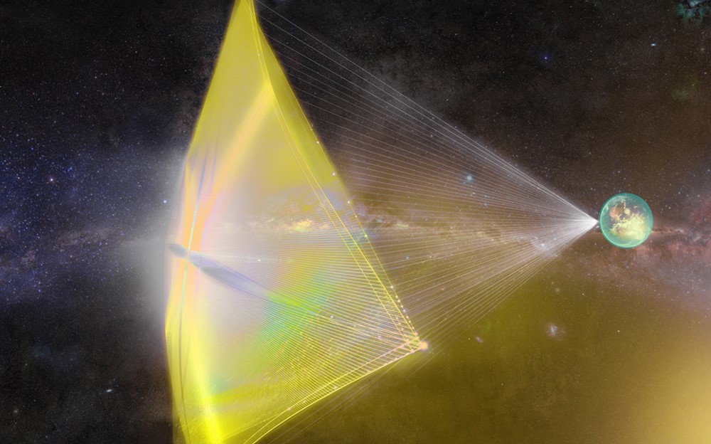 Artist's impression of the laser-powered sailcraft that could once day be sent to Alpha Centauri. Credit: Breakthrough Initiatives