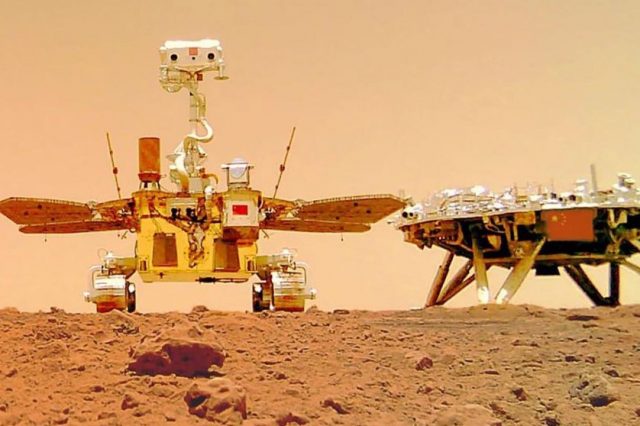 Selfie of the Zhurong rover and lander on Mars. CNSA has released two video compilations displaying the landing of the Chinese mission as well as sound recordings from Mars. Credit: CNSA