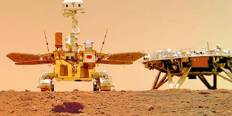 Selfie of the Zhurong rover and lander on Mars. CNSA has released two video compilations displaying the landing of the Chinese mission as well as sound recordings from Mars. Credit: CNSA