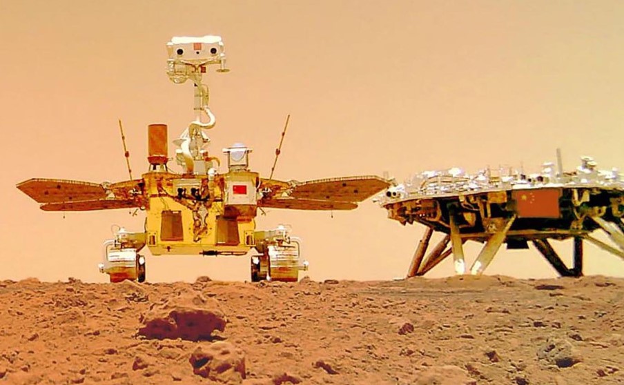 Selfie of the Zhurong rover and lander on Mars. CNSA has released two video compilations displaying the landing of the Chinese mission as well as sound recordings from Mars. Credit: CNSA