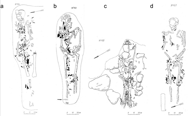 You can see the accummulation of elk teeth in each of the four burials shown in the image above. Credit: Rainio et al. / Cambridge Archaeological Journal, 2021