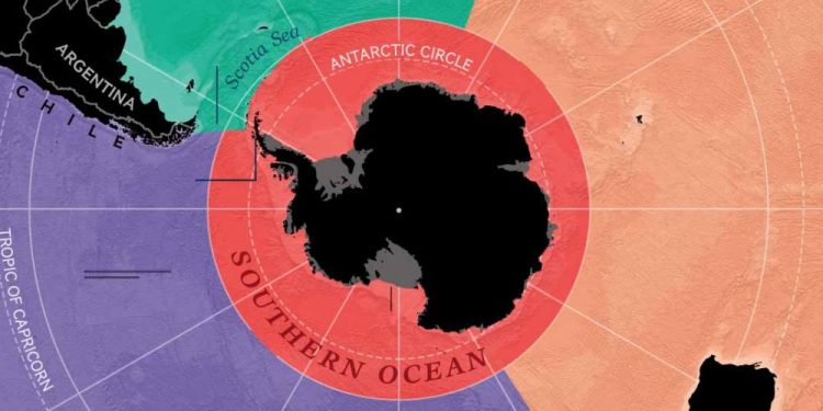 In this image, you can see the fifth ocean highlighted in red. Credit: National Geographic