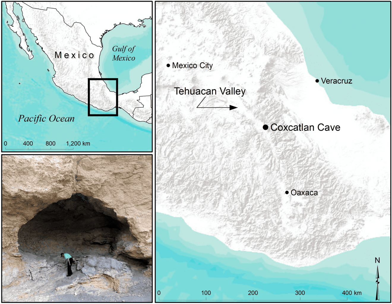 Map of the location of Coxcatlan Cave in the Tehuacan Valley, as well as an image of the entrance. Credit: Andrew Somerville