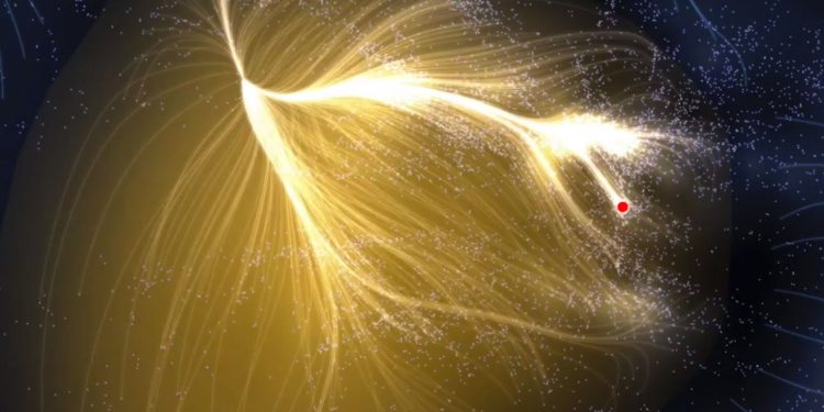 The Laniakea Supercluster and the Milky Way with a red dot. Credit: TULLY, R. B., COURTOIS, H., HOFFMAN, Y & POMARÈDE, D. NATURE 513, 71–73 (2014)