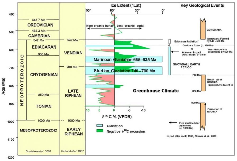 Geochronological scale of the Late Precambrian and Early Phanerozoic. The epochs of interest to us are indicated on the right side of the table: Tonian, Cryogenian, Ediacaran, Cambrian. Credit: Kraig et al. / Geological Society London Special Publications, 2009