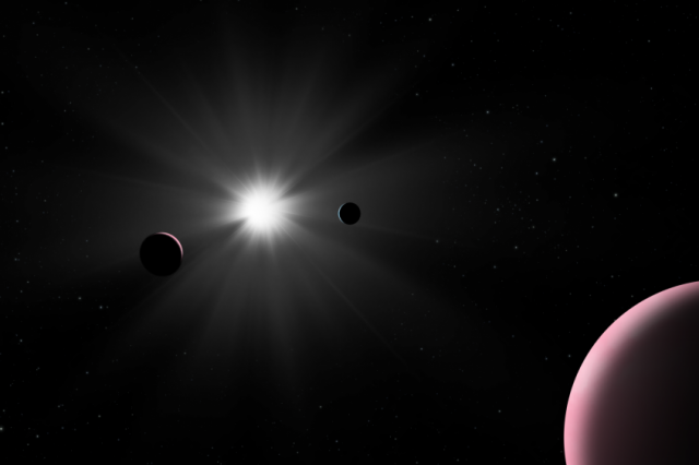 Artist's impression of the Nu2 Lupi planetary system, where astronomers accidentally discovered the first long-period transit exoplanet. Credit: ESA / CHEOPS