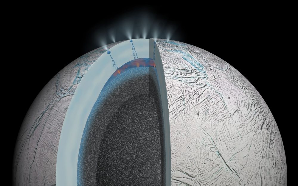 Artist's impression on the hydrothermal activity on Saturn's moon based on the results from the Cassini mission and the evidence of methane in Enceladus plumes. Credit: NASA / JPL-Caltech